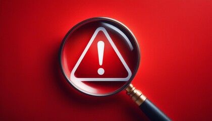 Magnifier magnifying exclamation mark on red background. Alert and precaution concept. Caution and risk management security signal announcement hazard and dangerous notice symbol
