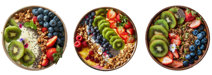 Fototapeta premium Set of Vibrant Smoothie Bowls with Fresh Fruits, Granola, and Chia Seeds, Isolated on Transparent Background