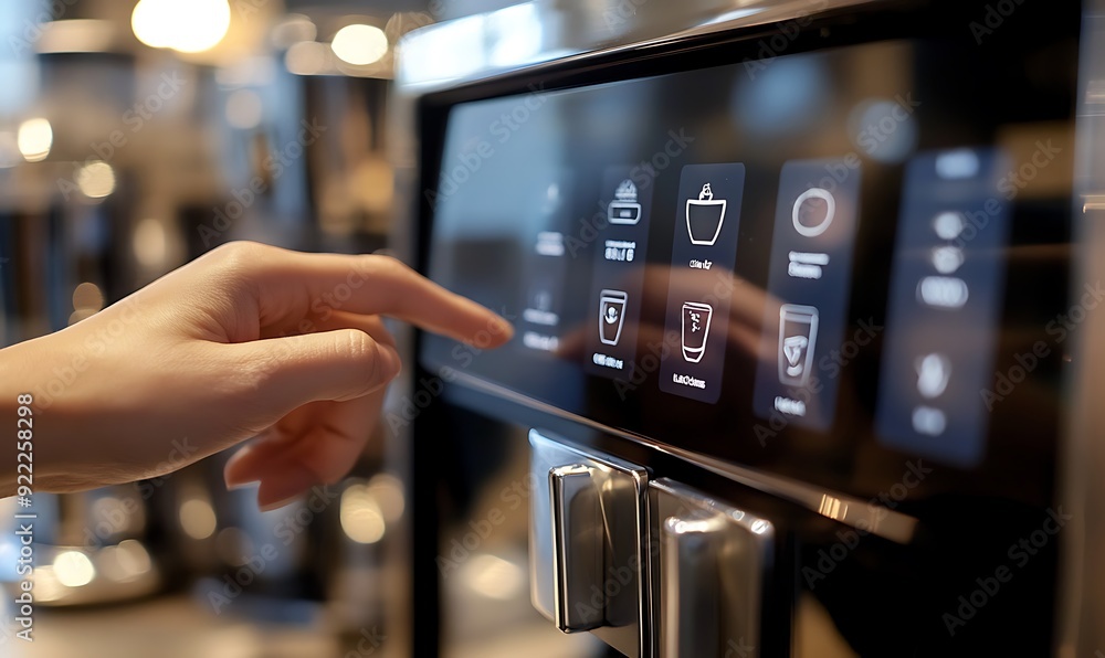 Poster close-up of hand pressing a button on a smart coffee maker with touch-sensitive controls