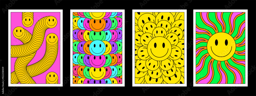 Aufkleber Set Of Cool Y2k Smile Posters Pop Art Design. Trendy Groovy Psychedelic Illustrations. Collection Of Acid Rave Patterns.