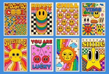 Collection Of Cool 70s Groovy Posters. Set Of Retro Vintage Psychedelic Funky Placards. Y2k Comic Funny Smile Characters.