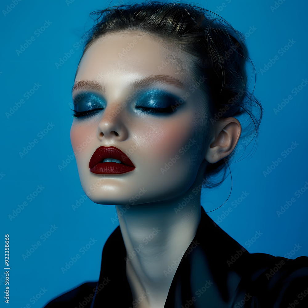 Sticker a model with dark blue eye makeup on a blue backdrop