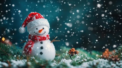 Fototapeta premium A snowman with a red hat and scarf sitting on top of some pine needles, AI