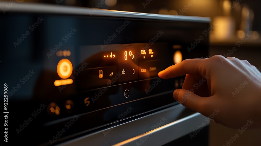 Poster close-up of hand adjusting temperature on a smart oven control panel
