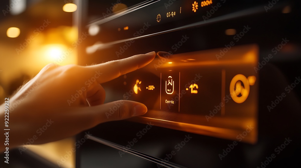 Poster close-up of hand adjusting temperature on a smart oven control panel