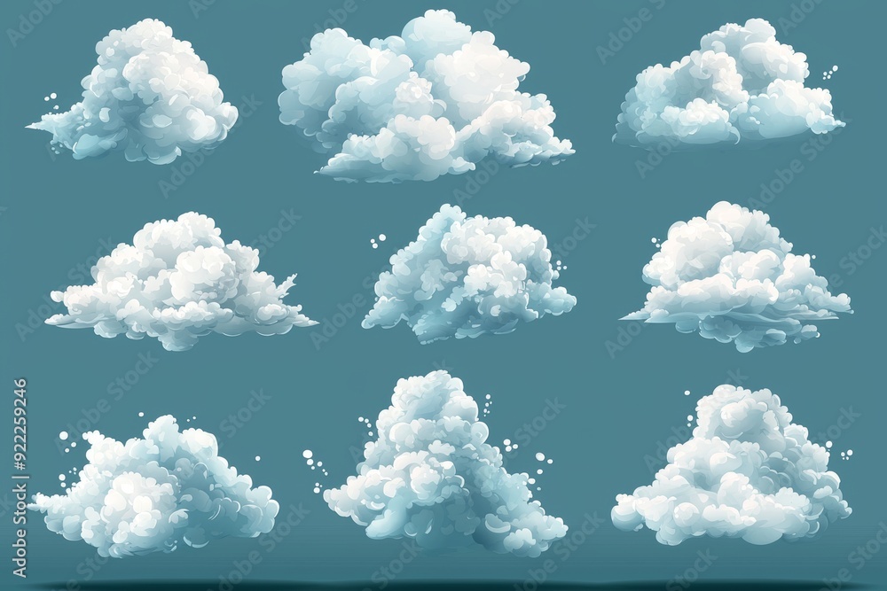 Poster the idea of data storage and weather portrayed in a modern set of isolated isometric clouds on trans