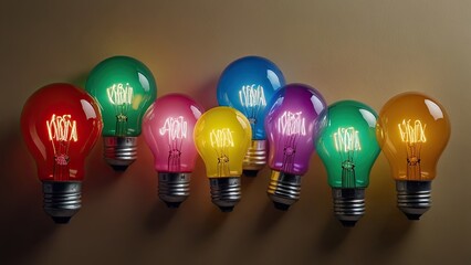 Colorful Light Bulbs on Tan Background.