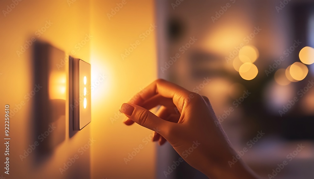 Poster close-up of fingers adjusting a smart light switch with warm ambient lighting