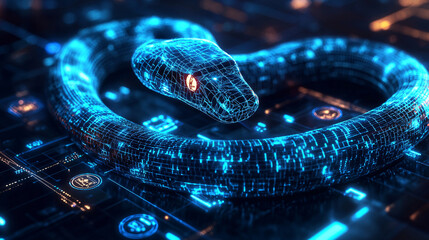 Obraz premium Technological Snake Coiled Around Virtual Control Panel with Neon-Blue Lines and Circuit Board Patterns for Automation Processes, Copy Space on the Left