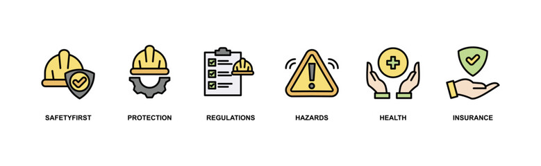 Work safety banner web icon vector illustration for occupational safety and health at work with safety first, protection, regulations, hazards, health, and insurance icon