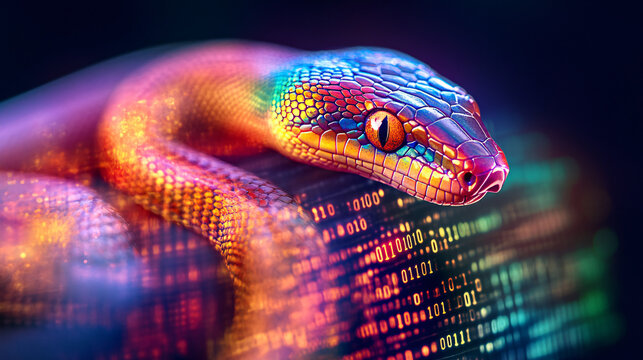 Digital Python - Rainbow-Colored Snake Amid Programming Matrix
