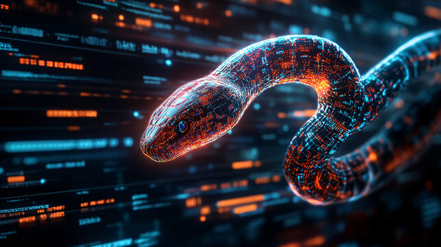 Coding Snake - Digital Reptile Emerges from Computer Screen with Programming Code Body, Data Streams, and Automation Tasks, Copy Space on Top Left