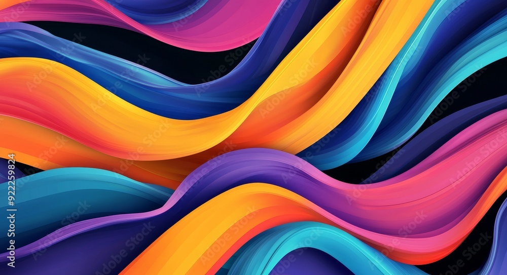 Poster a colorful geometrical digital art rendering in 3d of a twisted and wavy shape in motion.