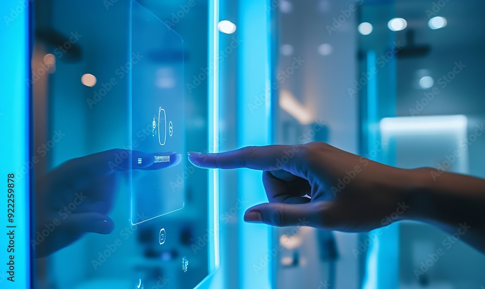 Poster close-up of hand controlling a smart bathroom mirror with touch interface