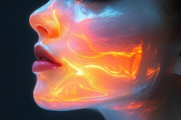 ethereal 3d liquid portrait shimmering iridescent hues surreal facial features morphing into fluid shapes holographic reflections otherworldly glow translucent textures