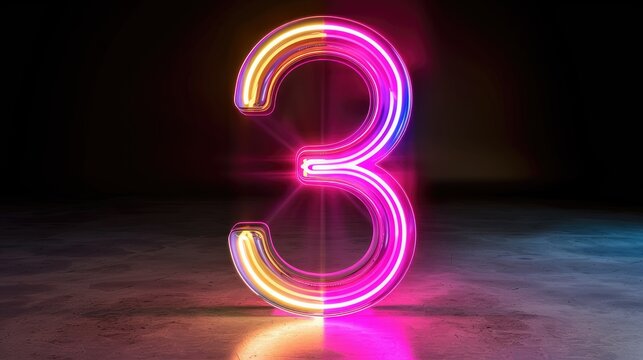 Neon number three in 3D, glowing line within glass symbol