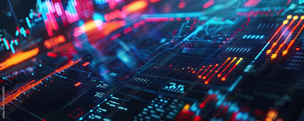 Poster abstract data visualization with vibrant colors highlights key trends and patterns in a digital land