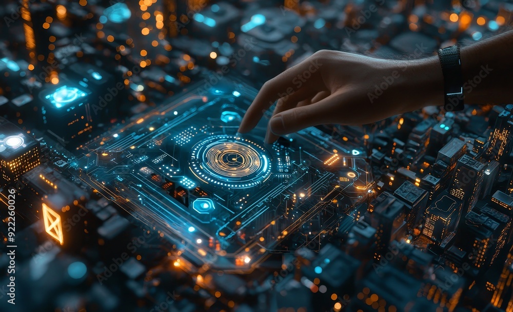 Poster businessman using hologram data to visualize 3d data on digital screens