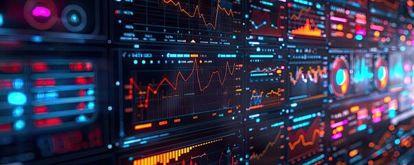 Obraz premium Futuristic data visualization with bright graphs and dynamic metrics, showcasing technology and innovation in digital analysis.
