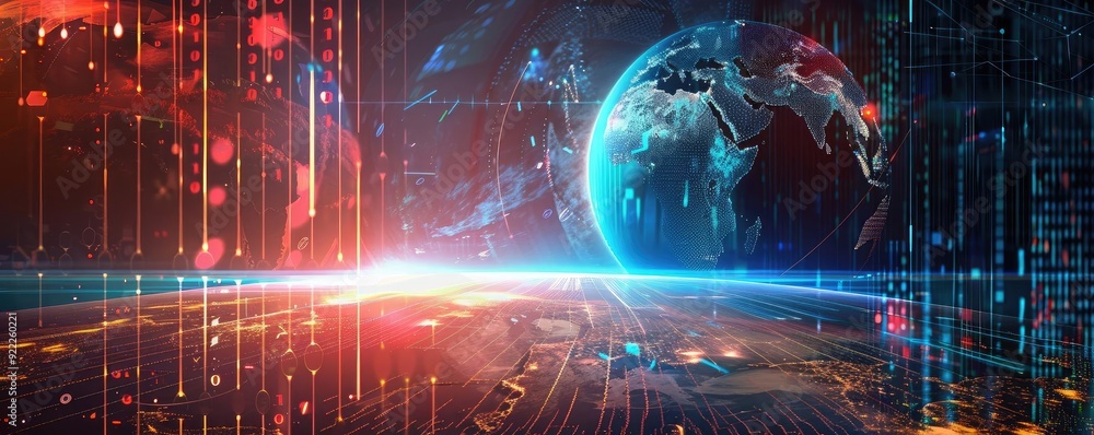 Poster vibrant digital artwork showcasing the earth surrounded by colorful data streams and light, represen