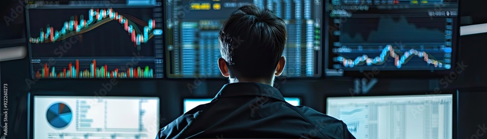 Poster a person analyzing financial data on multiple screens in a modern trading environment.