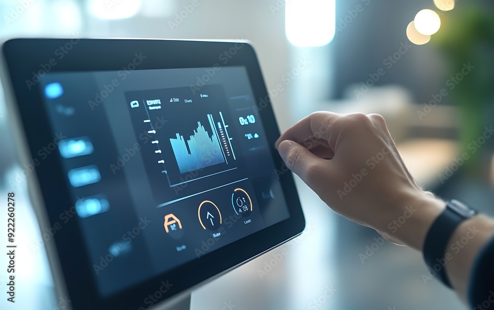 Leinwandbilder Close-Up of Hand Adjusting a Smart Home Energy Monitor Displaying Usage Data