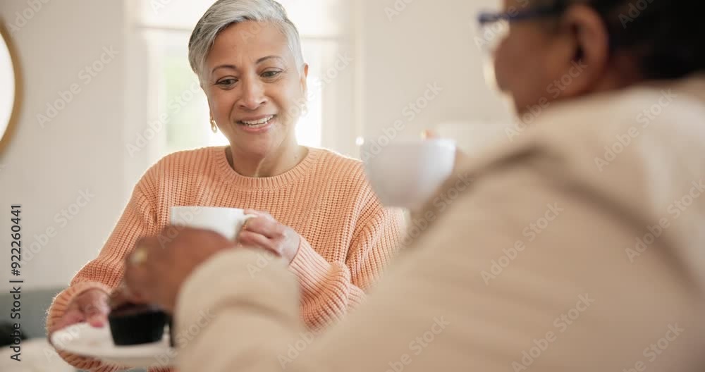 Wall mural Coffee, giving cake and elderly women in house, friends or happy morning for relax communication. Home, senior people or tea talk in retirement for care, laughter or comedy with reunion on sofa