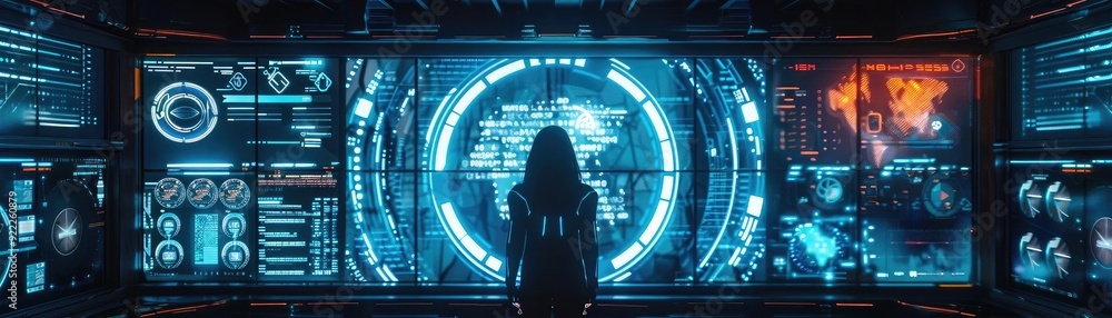 Poster futuristic interface with a silhouette in front of advanced technology displays and data visualizati