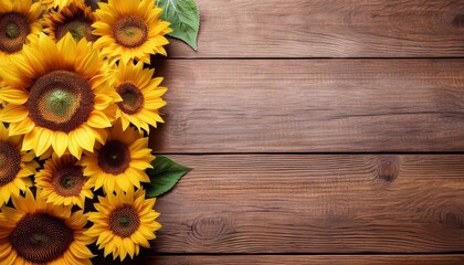 sunflowers on a wooden dark background with space for text
