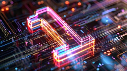 3D rendering neon number one with glowing colorful line inside glass symbol