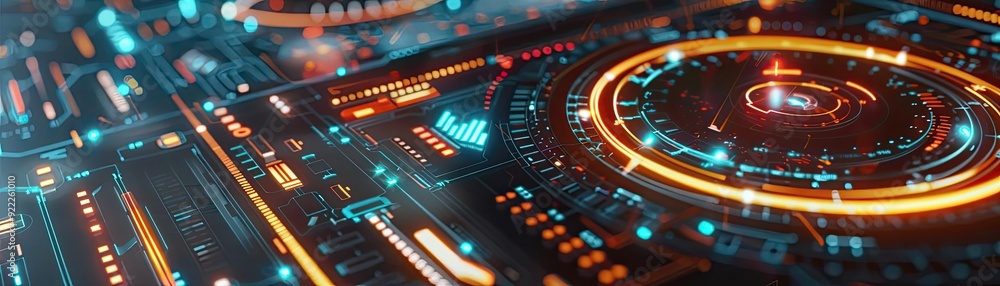 Poster futuristic interface with vibrant colors and intricate digital patterns, perfect for technology and 