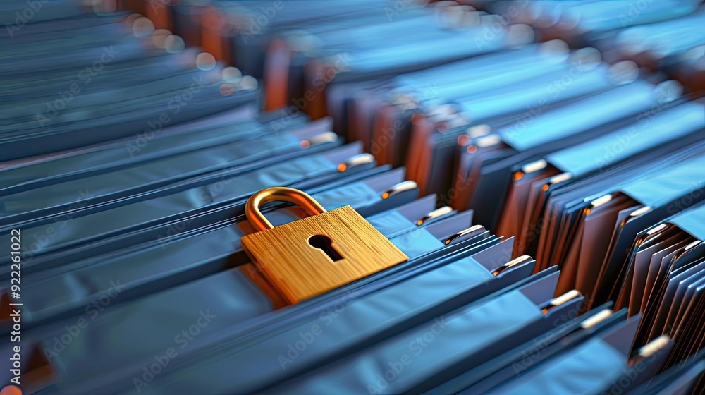 Poster a close-up of a locked file among open folders, symbolizing data security and privacy in a digital a