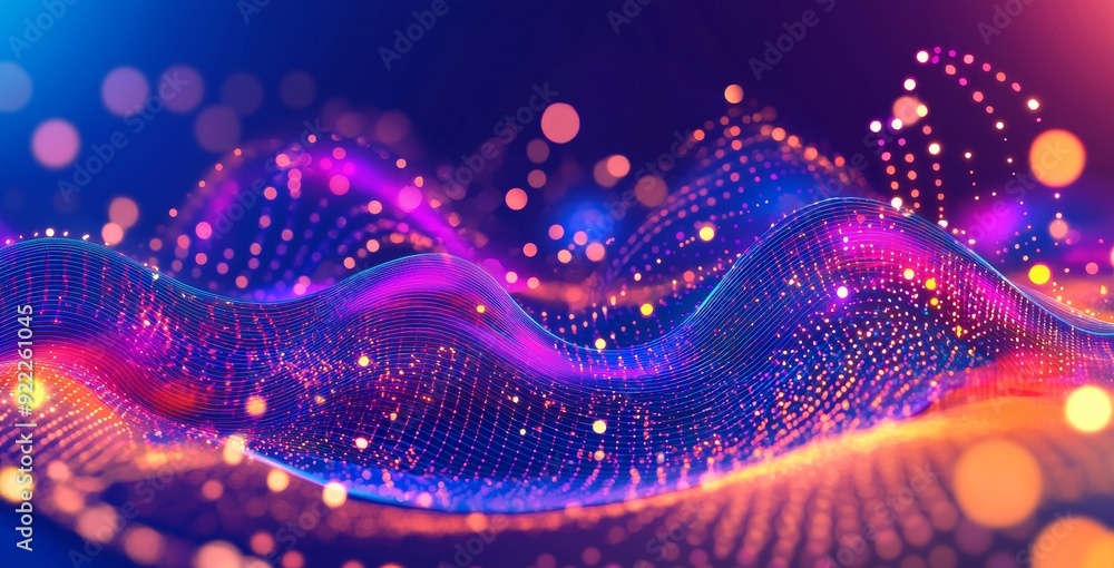 Poster conceptual interface of abstract dots connected by gradient lines and asymmetrical waves as well as 