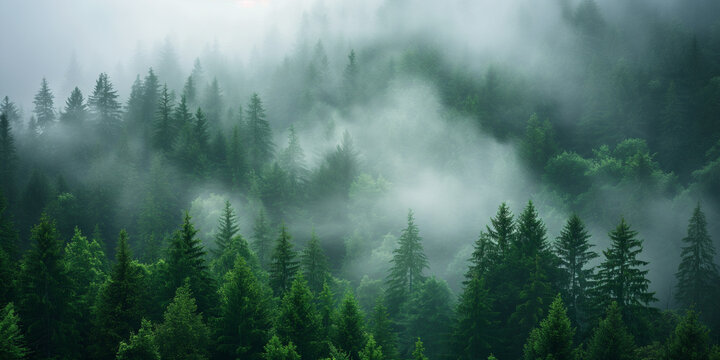 Fototapeta Aerial view of a misty fir forest with glowing sun light a foggy, nature landscape at sunrise. A scenic dreamy dawn background 