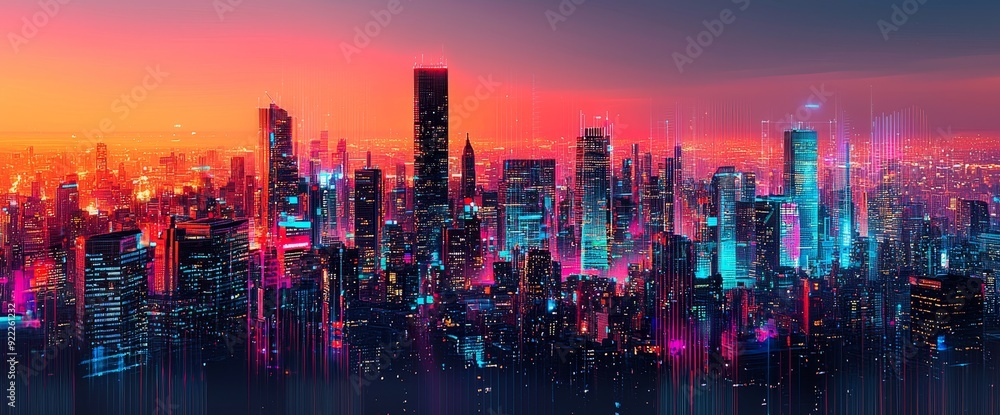 Poster an abstract city and dots connect with gradient lines and wavy lines, illustrating a technology conc