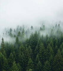 Aerial view of a misty fir forest with glowing sun light a foggy, nature landscape at sunrise. A scenic dreamy dawn background
