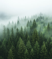Fototapeta premium Aerial view of a misty fir forest with glowing sun light a foggy, nature landscape at sunrise. A scenic dreamy dawn background 