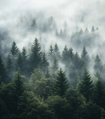 Aerial view of a misty fir forest with glowing sun light a foggy, nature landscape at sunrise. A scenic dreamy dawn background
