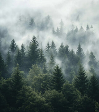 Fototapeta Aerial view of a misty fir forest with glowing sun light a foggy, nature landscape at sunrise. A scenic dreamy dawn background 