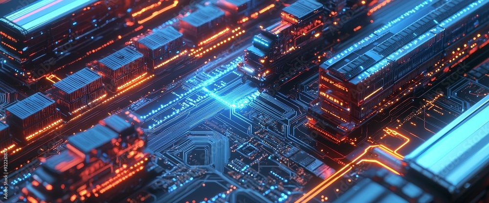 Poster a circuit board of a futuristic server. the design can be used as a digital dynamic wallpaper or tec