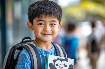 Cute asian student first day of school with backpack and cute panda notebook. 
