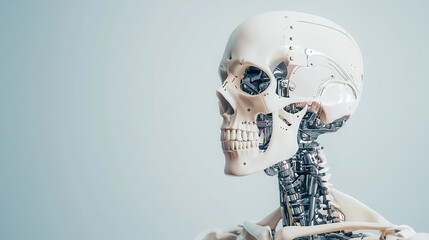 A futuristic robot skeleton showcasing intricate mechanical details and a modern design, symbolizing the intersection of robotics and anatomy.