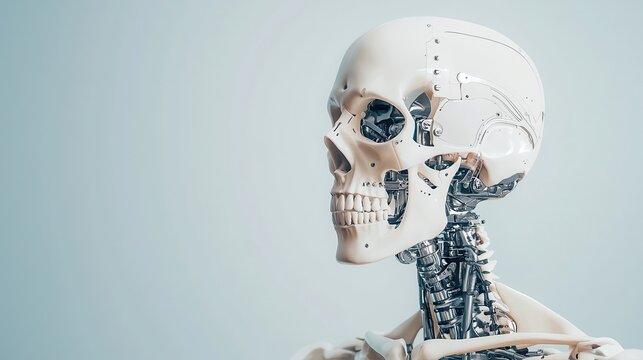 A futuristic robot skeleton showcasing intricate mechanical details and a modern design, symbolizing the intersection of robotics and anatomy.