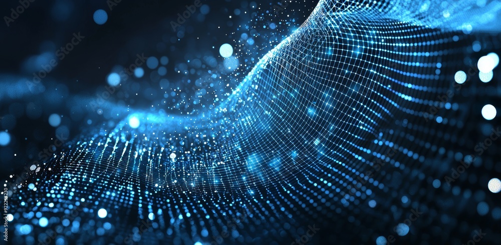Poster an illustration of a neural network in 3d. big data and cybersecurity. data streaming. global stock 