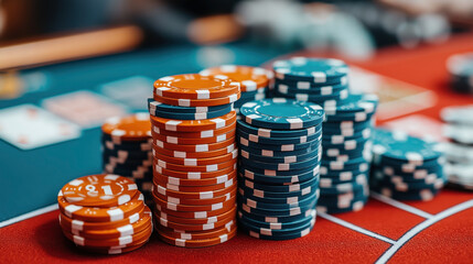 Stacks of colorful poker chips on a casino table with playing cards in the background.