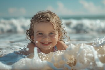 Cute little girl lies on the beach smiling happily, playing with the waves that crash on the shore
