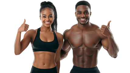 Athletic African American man and woman posing confidently in activewear with positive energy. Fit couple showing thumbs up as symbol of health and fitness goals