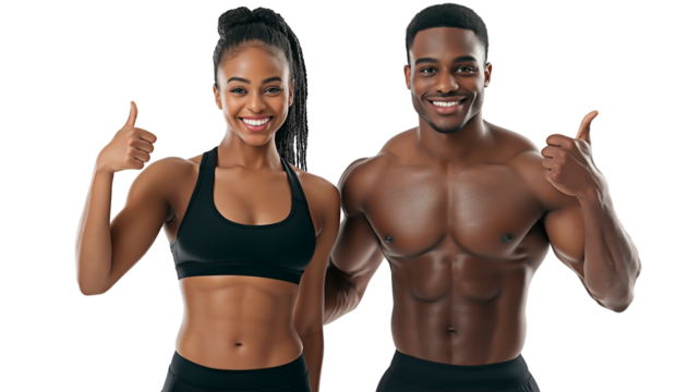Athletic African American man and woman posing confidently in activewear with positive energy. Fit couple showing thumbs up as symbol of health and fitness goals