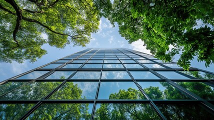 A tall glass building surrounded by lush green trees, reflecting the surrounding nature and creating an eco-friendly atmosphere. A low angle shot captures its towering presence from below