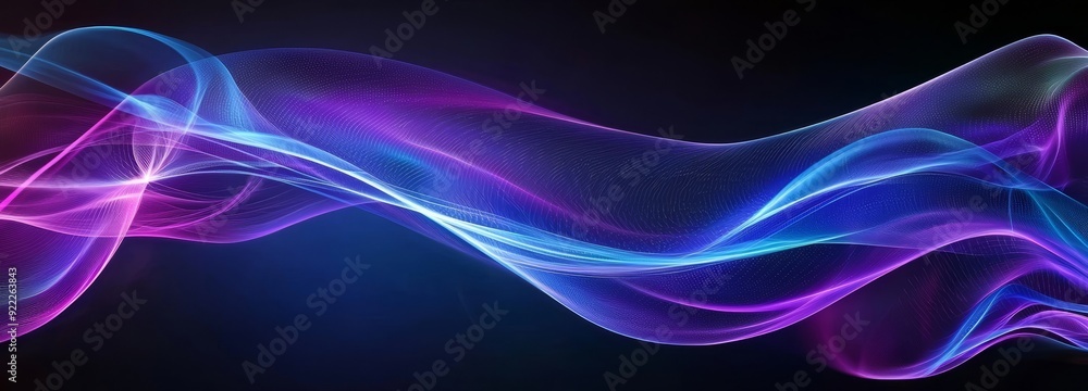 Poster 3d render wave line dot background, line wave light glowing effect particular background with abstra